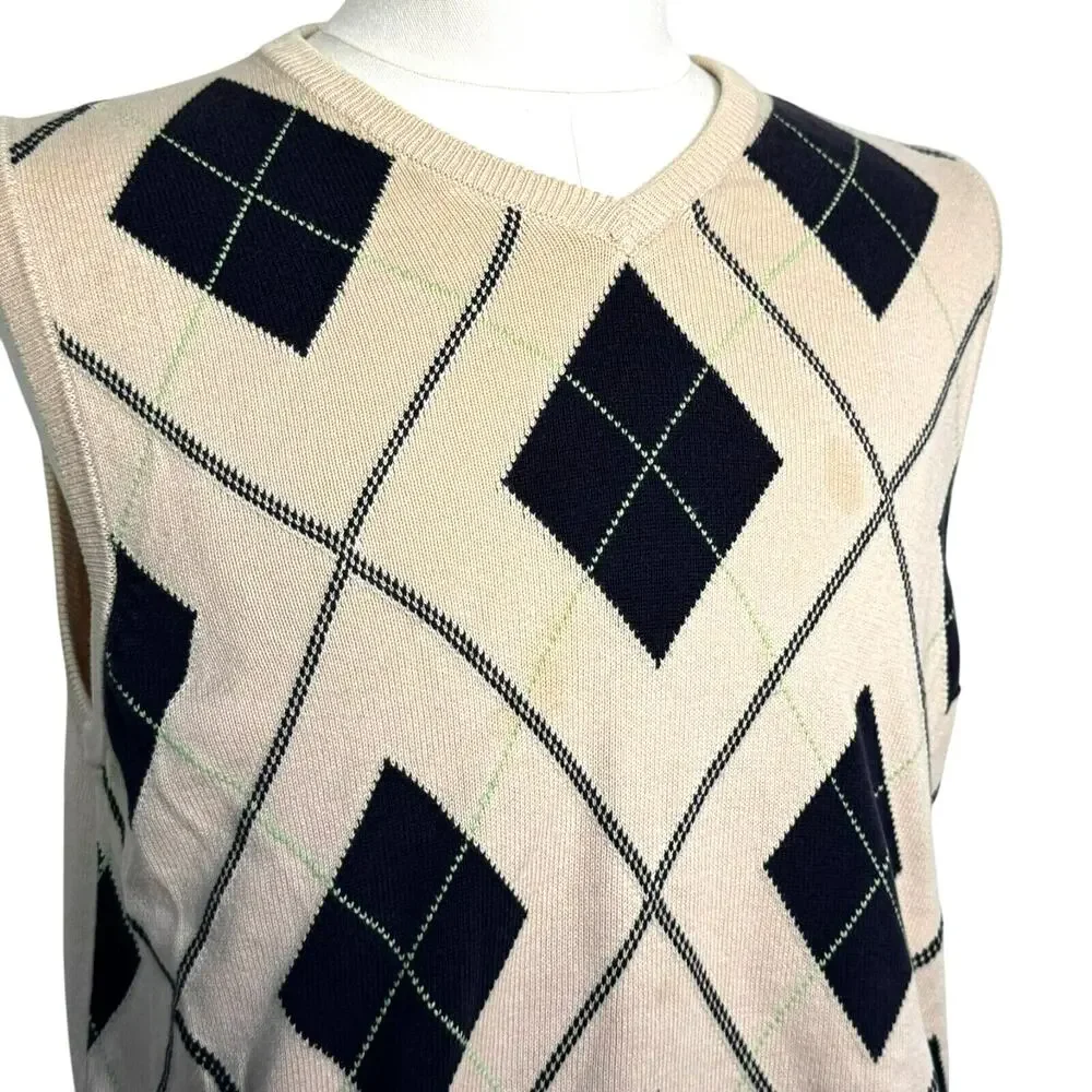 JOHN ASHFORD Men's Small Tan Navy Blue‎ Argyle Sweater Vest Pullover Preppy Golf